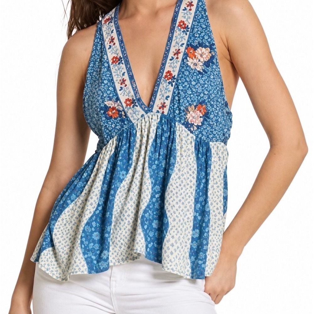 Free People Blue Floral Mixed Print Halter Top Plunging V-Neck Boho Blouse XS